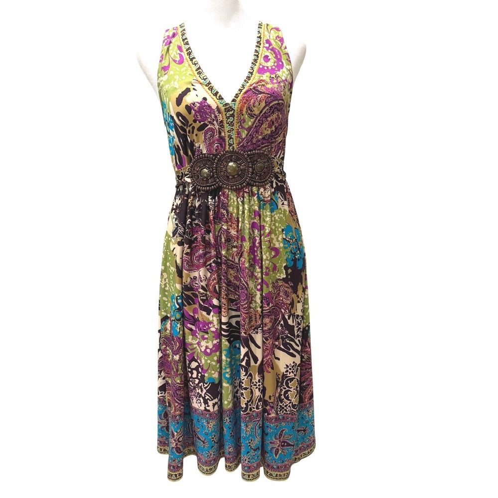 Ice Paisley Print Beaded Waist V-Neck Midi Dress Medium y2k 2000s Boho Hippie